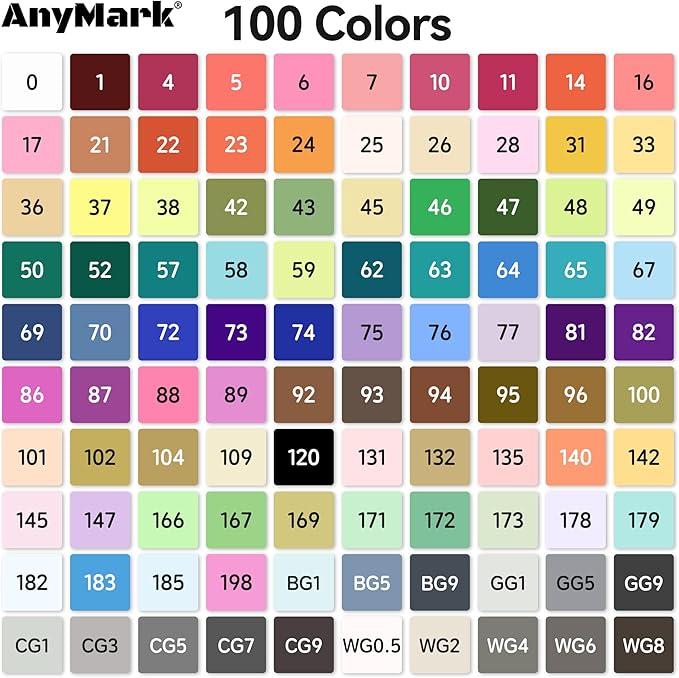 AnyMark Alcohol Markers, 100 Colors Dual Tip Art Coloring Markers Set for Adult Book Drawing Sketching Painting, Chisel & Fine, White Penholder