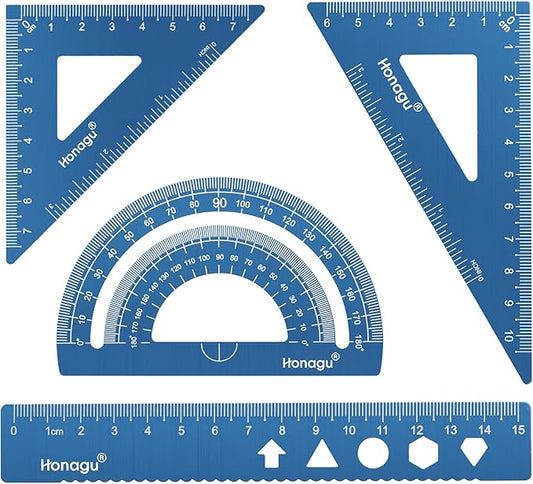 Honagu Triangular Ruler Set, 4 PC Metal Drafting Ruler, Geometric Protractor, Measuring Drawing Tool for Students, Teachers, Draftsmen, Engineers, Home School Office Supplies (15cm/5.9inches, Blue)