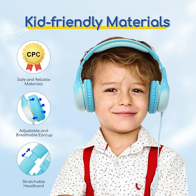 EarFun K1 Kids Headphones Wired with Microphone, 85/94dB Volume Limit Headphones for Kids, Portable Wired Headphone with Shareport, Stereo Sound Foldable Headset for School/Tablet/iPad, Sky Blue