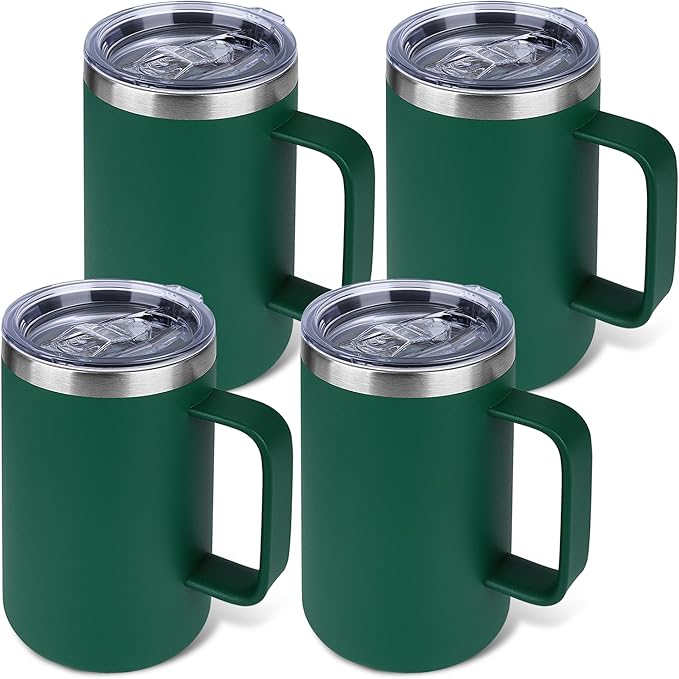 22oz Insulated Coffee Mug with Handle & Leak-Proof Lid - Double Wall Stainless Steel Travel Tumbler Bulk for Commute/Office/Home, Dark Green, 4 Pack