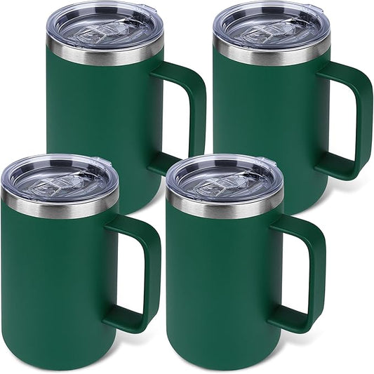 22oz Insulated Coffee Mug with Handle & Leak-Proof Lid - Double Wall Stainless Steel Travel Tumbler Bulk for Commute/Office/Home, Dark Green, 4 Pack