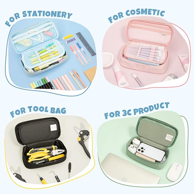 SUNEE Cute Pencil Case, Large Capacity Pencil Pouch, Big Storage Organizer for Stationery, Zipper Pen Bag,Back to School Supplies,Office Water-Repellent Nylon Pencil Bag for Teen Girls Boys,Light Blue