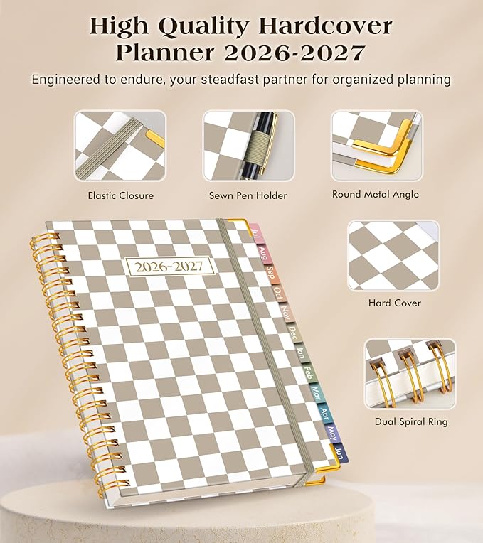 Academic Planner 2026-2027, Hardcover Weekly and Monthly Calendar Planner from July 2026 - June 2027, 6.1" x 8.2" A5 Daily Agenda with Tabs, College School Organizer for Student Teacher, Gingham