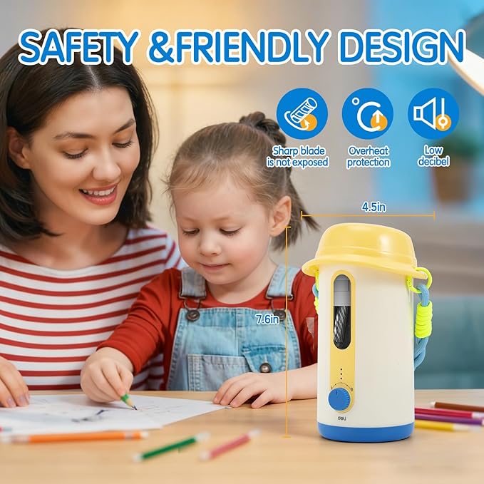 Electric Pencil Sharpener, Low Noise Fully Automatic Pencil Sharpener for Classroom,6.9-10.8mm Colored/Jumbo Pencils, Auto in & Out,Rechargeable Hands-Free Sharpener for Home/Office,Yellow