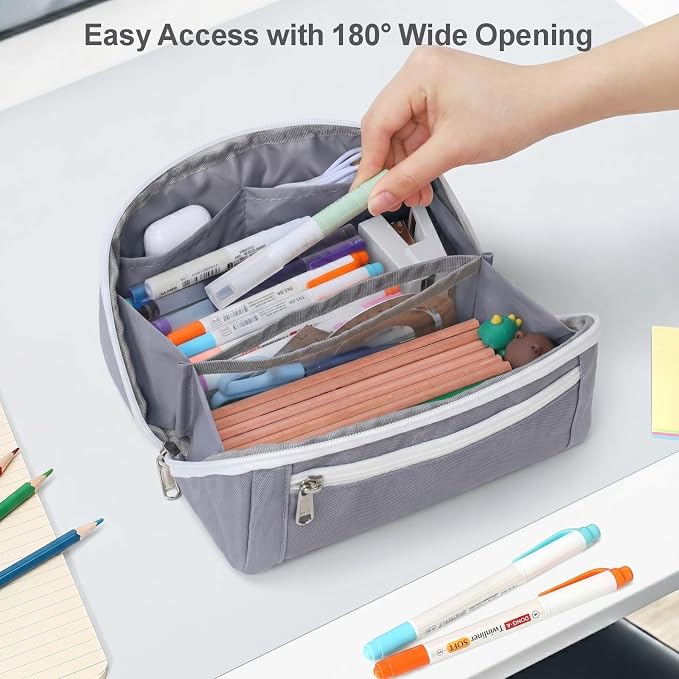 Large Pencil Pouch - 8 Compartments, Wide Handle Organizer Bag | Wide Open Pen Bag, Flexible Dividers & Side Pockets, Handle, 900D Fabric, College Supplies for Teens, Black & Grey