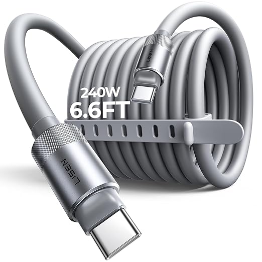 LISEN 6.6FT USB C Cable Fast Charging, Chubby 240W Cable USB C to USB C Fast Charging Soft Silicone USBC to USBC Parallel Cable for iPhone 17 Pro Max 16 15 Samsung S25 Ultra MacBook Pro Air iPad Grey