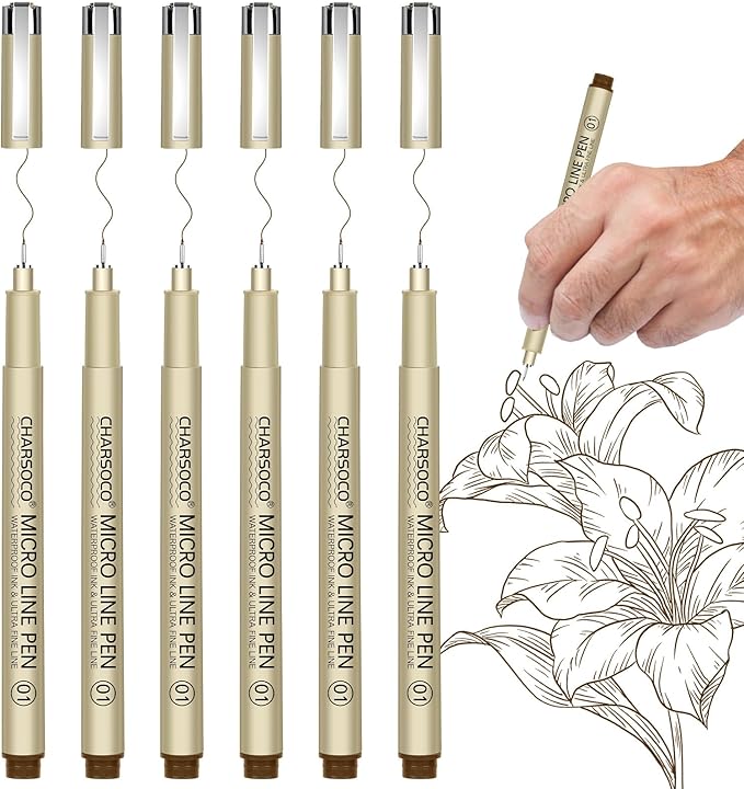 01 Micro Pen, 6 Pack Brown Fine Point Pen with Waterproof Archival Ink, 0.25mm Fineliner Ink Pens for Artist Illustration, Sketching, Anime, Manga, Technical Drawing and Scrapbooking-fan