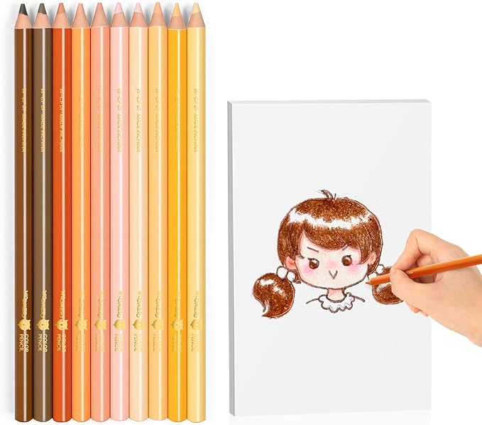Woomer Colored Pencils: 10-Piece Skin-Tone Colored Pencils with Paper 20 Professional Fine Grain Drawing Paper for Multi-Layer Blending Practice