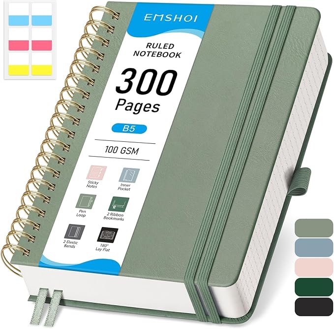 EMSHOI B5 College Ruled Spiral Notebook, Thick 300 Numbered Pages, 100GSM Ink-Proof PU Leather Hardcover Lay-Flat Lined Journal for Work Office School Writing, 7.48"x10.15", Light Green