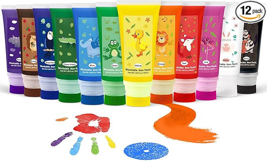 Washable Finger Paint with a Sponge Head, 12 Colors (1.69fl oz/Tube) Non-Toxic, Toddler Painting Set for Kids Boys Girls Gifts, Hand-Painted DIY, Ages 1-3 4 5 6+