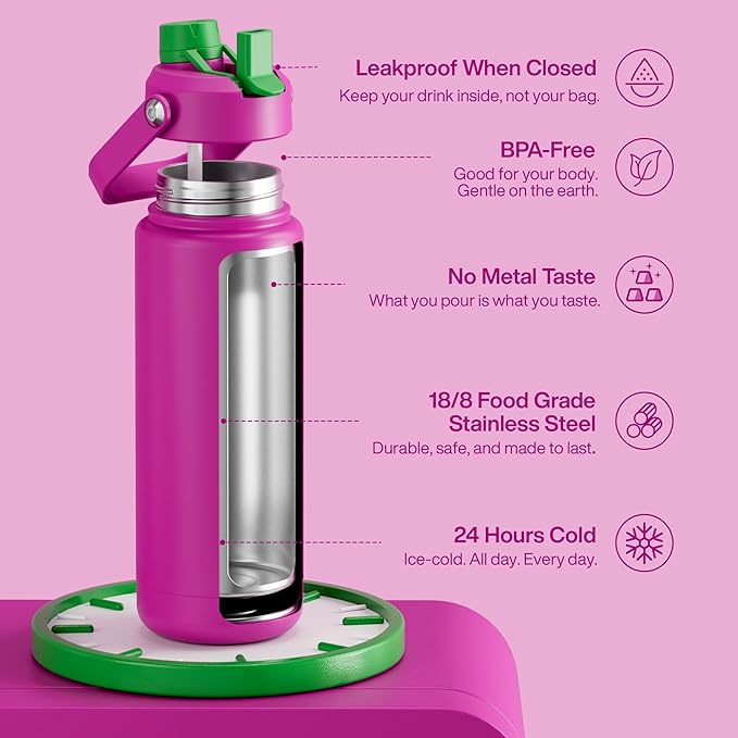 ENCOOL Insulated Water Bottle with Straw Stainless Steel Water Bottle, Leak-Proof, BPA-Free, Double Wall Vacuum Keeps Cold for 24 Hours for Sports, Travel, School (32 oz, Knockout Pink)