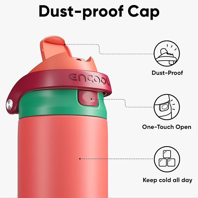 ENCOOL Leakproof Insulated Water Bottle with Straw Dual-Sip Water Bottle Bag-Safe Design for Work, Commute & Gym – Keeps Drinks Cold All Day, 24 oz, Coral Red