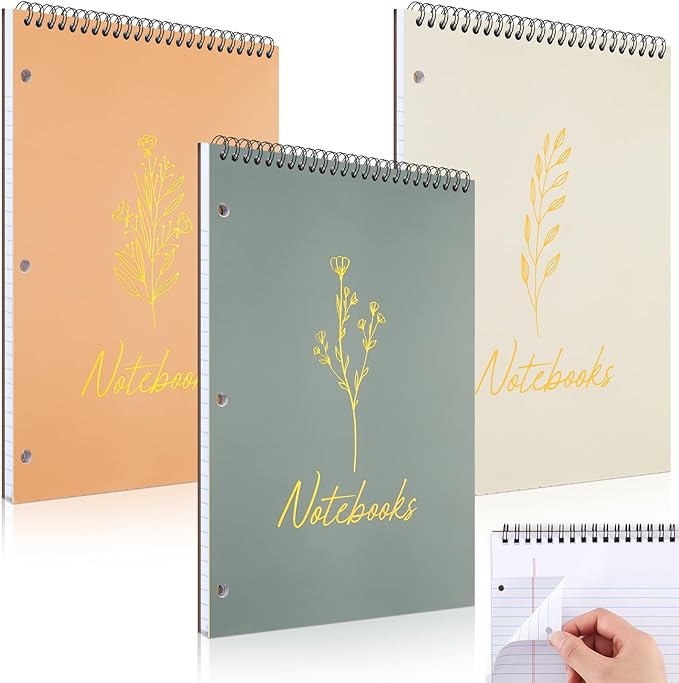 MotiMind 3 Pack 8.5" x 11" Top Spiral Notebook with 3 Hole Punched Gold Stamping Legal Pads College Ruled Notepad 50 Sheets Hard Cardboard Paper Wirebound Notepad for Office School Business