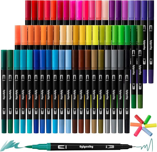 Eglyenlky 60 Coloring Pens for Adult Coloring Books, Dual Tip Brush Pens, Felt Markers with Fine and Brush Watercolor Marker Set for Kid Adult Artist Drawing