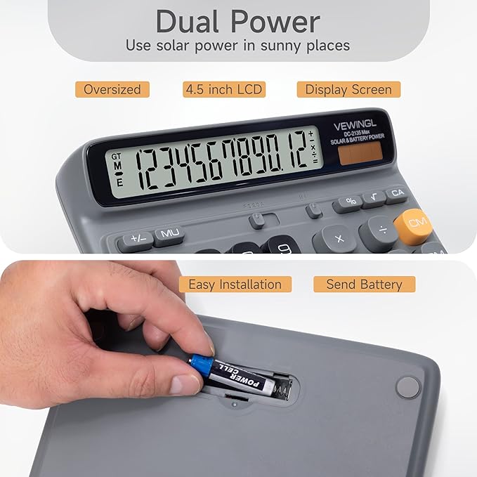 VEWINGL Desktop Calculator with Extra Large LCD Display, 12-Digit Dual Power Solar & Battery Calculator, Big Button Office Calculator for Accounting, Home, School & Business Use (Charcoal Gray)