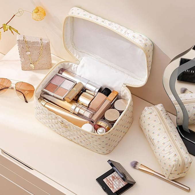 HBselect Quilted Makeup Bag, 3Pcs Cotton Large Travel Makeup Bags Organizer | Cute Floral Make up Bag Cosmetic Bag Toiletry Bag for Women Girls, Makeup Pouch for Skincare, Brushes & Travel Essentials