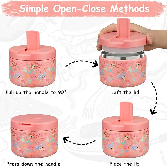 Pawtong 12oz Insulated Vacuum Food Jar with Buckle Lid Wide Mouth Soup Thermo for Hot Food Kids Leakproof Stainless Steel Lunch Container (mermaid)