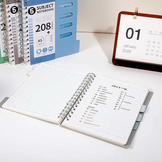 FLYING EAGLE Small 5 Subject Notebook College Ruled Spiral Notebook 5x7 with Dividers Tabs Waterproof Plastic Cover Thick Paper Notebooks for Work School, Grey