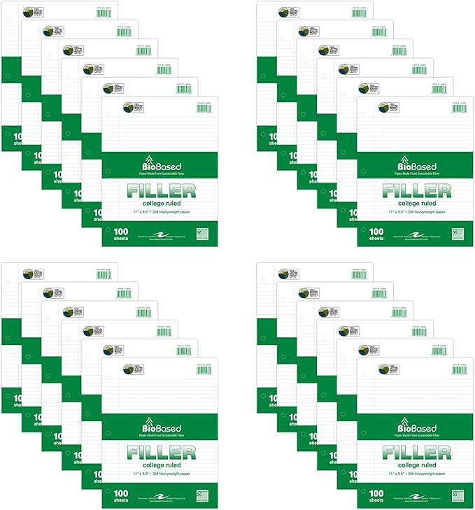 Roaring Spring Biobase Filler Paper, 8.5"x11", 100 Sheets Per Package of 20# White Paper 3-Hole Punched, College Ruled W/Margin (Pack of 24)