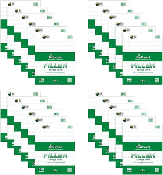 Roaring Spring Biobase Filler Paper, 8.5"x11", 100 Sheets Per Package of 20# White Paper 3-Hole Punched, College Ruled W/Margin (Pack of 24)