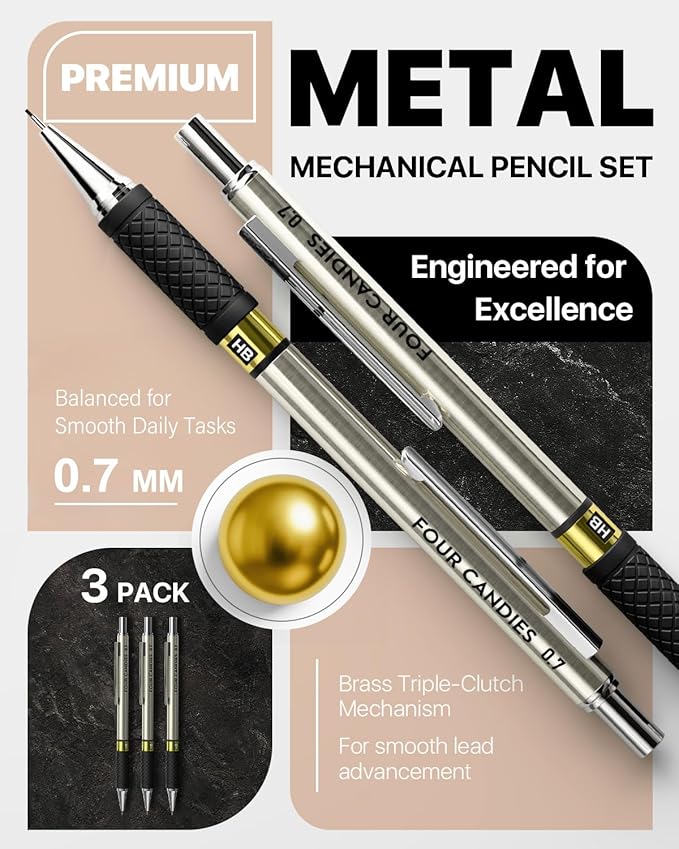 3PCS Metal Mechanical Pencil Set with 0.7mm Medium Point, 360 Leads, 12 Erasers, Art Mechanical Pencils Pack with Storage Case for School Writing, Sketching, Drawing & Professional Drafting
