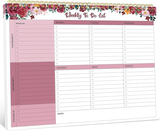 Taja Weekly To Do List Notepad with 52 Undated Sheets（8.5"×11"）- Weekly Desk Planner for Women & Man, Work and Home - 1 Pack Crimson Garden