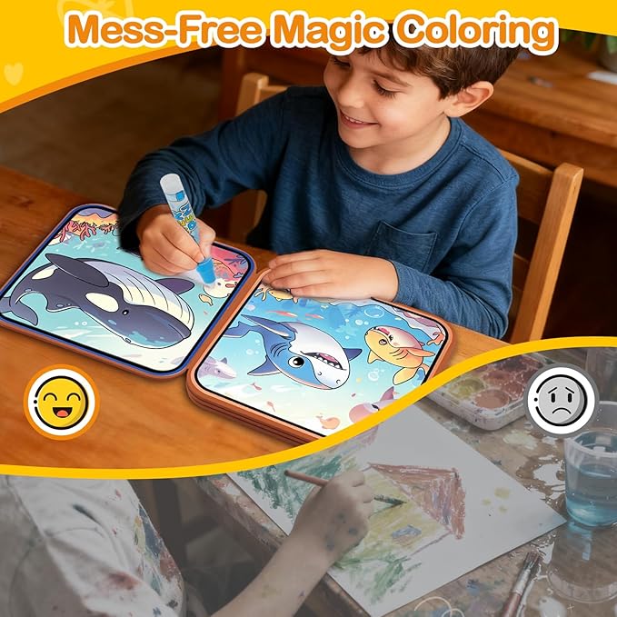 Ocean Water Coloring Book Toy for Toddler–Reusable Water Painting Book with Water Pen,Mess Free Coloring Magic Water Book for Kids,Preschool Educational Drawing Travel Toys for Boy/Girl Age 3+