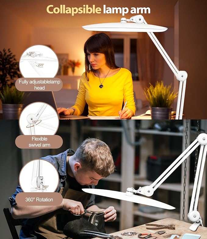 Led Desk Lamp with Clamp, Eye Caring Architect Desk Light for Home Office, Dual Screen Computer Monitor Gooseneck Adjustable Arm 20" LED Lamp, Stepless Dimming, for Nails &Salon, Reading, Workbench