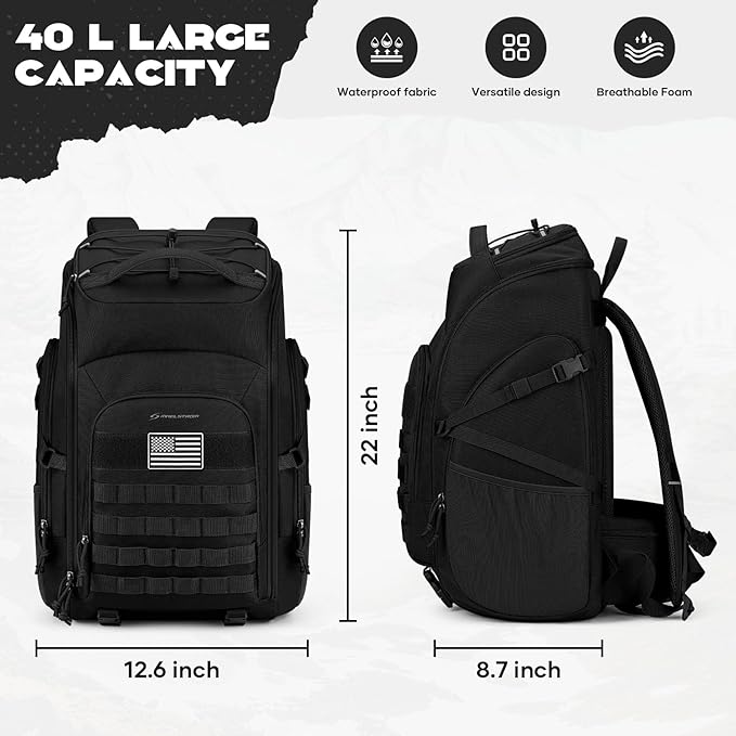 Maelstrom Tactical Backpack for Men, Water Resistant 40L Military Backpack, for Hiking, Camping, Gym with Molle System (Black)