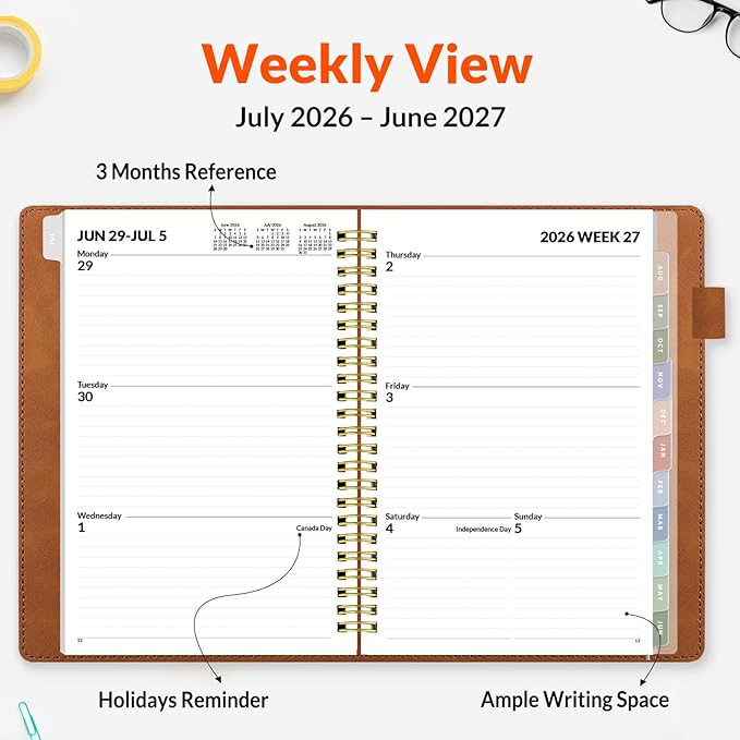 SUNEE 2026-2027 Weekly & Monthly Planner 6.4"x8.5" - 12 Month (July 2026 - June 2027), Vegan Leather Cover Planner Academic Year Calendar, Pocket, Notes, Monthly Tab, Brown