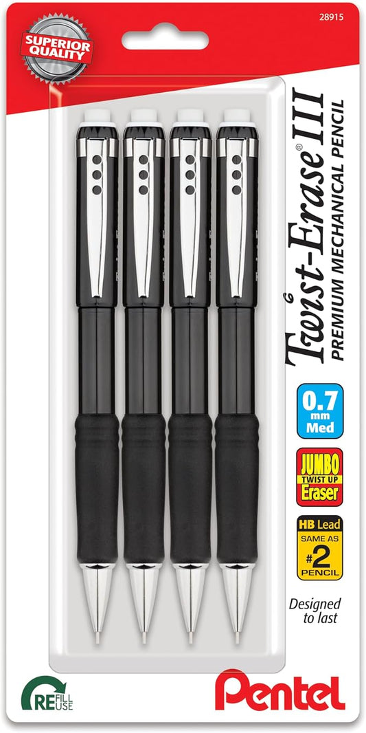 Pentel Twist-Erase III Mechanical Pencil, (0.5mm), Fine Line, Black Barrel, Pack of 4 (QE515BP4A)