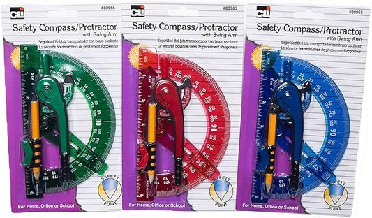 Charles Leonard Safety Compass and 6 Inch Swing Angle Arm Protractor Combo Packs, Assorted Colors, 12 Combo Packs (80965-ST)