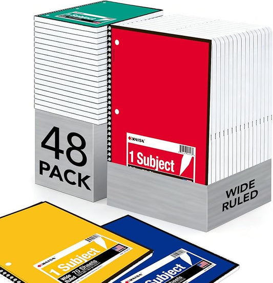 KAISA Spiral Notebooks bulk 1 Subject Note Books,70 Sheets 6 Vibrant Color Options, 8 Pads Per Color – Abundant Stock for All Your Needs 10.5x8in Wide Ruled, Paper Note Books Home School Supplies for Students Office, 1Carton of 48Books