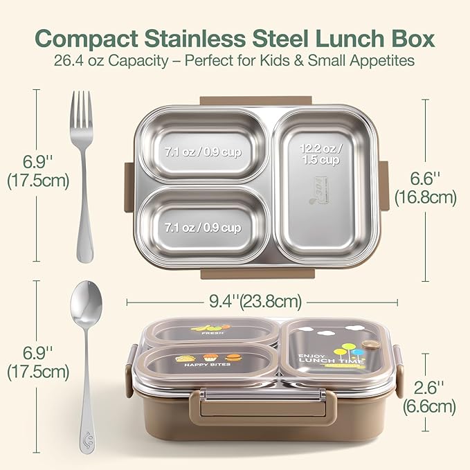 NUKied Stainless Steel Lunch Box for Kids & Adults, 3-Compartment Leak Proof Metal Bento Lunch Box with Fork & Spoon, 26.4 oz Airtight Food Storage Snack Container for School, Work, Travel (Brown)