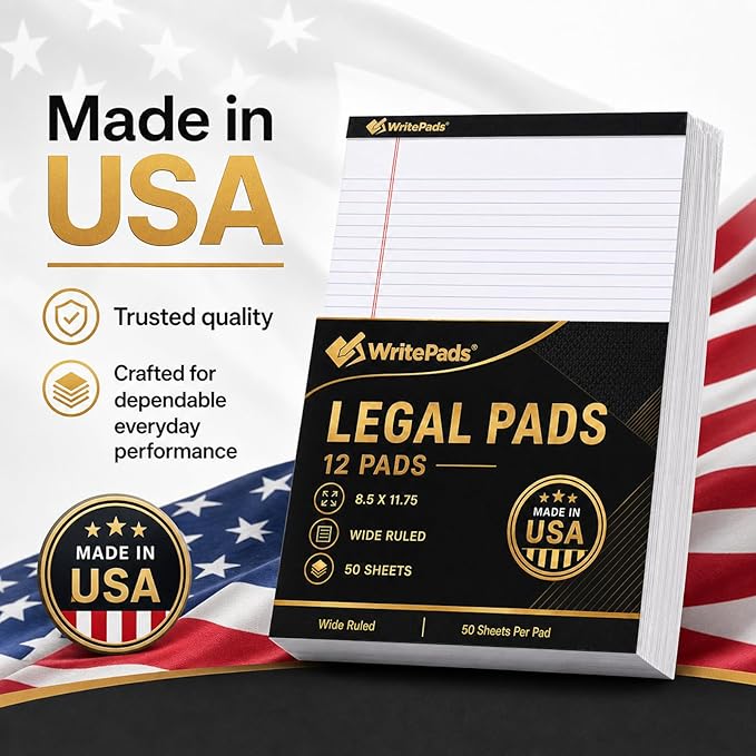 Legal Pads 8.5 x 11.75 Inch Wide Ruled Writing Pads, 12 Pack Note Pads - White Perforated Paper with Hard Back, 50 Sheets Per Pad, No Bleed Paper Notepad for Office, School, Business MADE IN USA