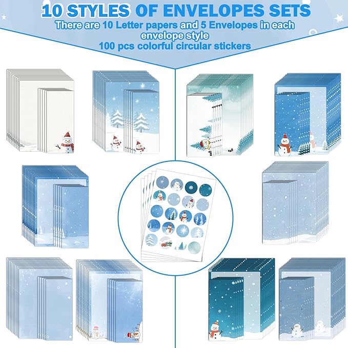 250Pcs Stationery Paper and Envelope Set with 100 Letterhead Papers and 50 Envelopes,10 Design for Letter Writing Invitations Computer Holidays Party Notes, 8.5x11 Inch-Snowman