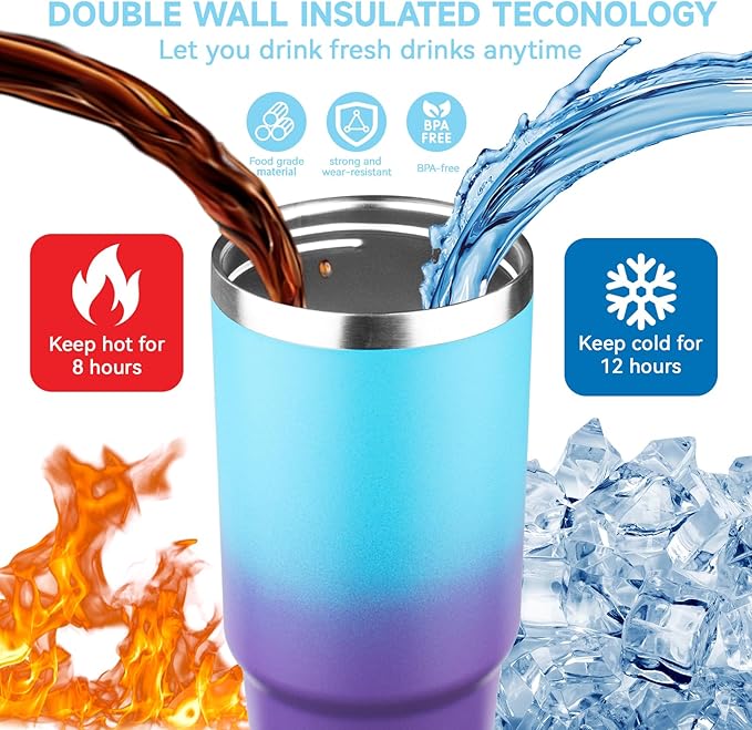 30oz Tumbler with Handle and Flip Straw Lid Double Wall Insulated Travel Coffee Mug Stainless Steel Vacuum Insulated Coffee Tumbler Cup for Hot and Cold Beverages,Leak-proof&BPA-free（30oz,Blue Purple）