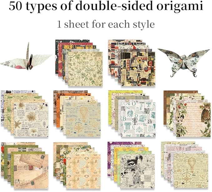 Square Origami Paper 6x6 Double Sided 50 Sheets 50 Colors 70GSM Origami Kit Japanese Chiyo Easy Fold Arts Crafts DIY Handwork Retro Newspapers