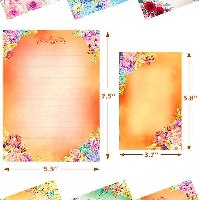 Anzon Mories 72 Pieces Cute Stationary Writing Paper and Envelope Set (2 Sides Colored, 1 Side Lined) 48 Sheets, 24 Pcs Envelopes, Flower Letter Stationery Floral Decoration (Inches, 5.5 x 7.5)