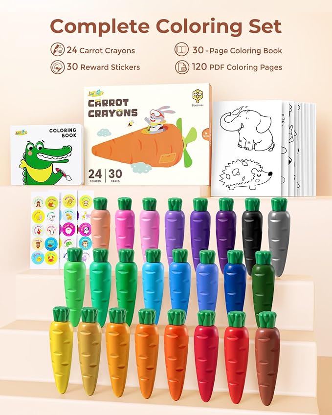 JUPITEARTH Carrot Crayons for Kids 24 Colors, Non Toxic Beeswax Crayons for Toddlers 1-3 with 30-Page Coloring Book & Stickers & 120 PDF Pages, Mess-Free Coloring for Kids Art Supplies Gift
