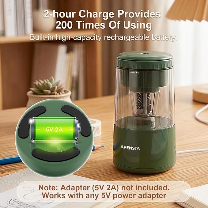 Electric Pencil Sharpener with Adjustable Tip Thickness, Auto Stop, Type-C Rechargeable, for Wooden, Colored Pencils (7–8mm), Portable Design for Home, Office & School, Green