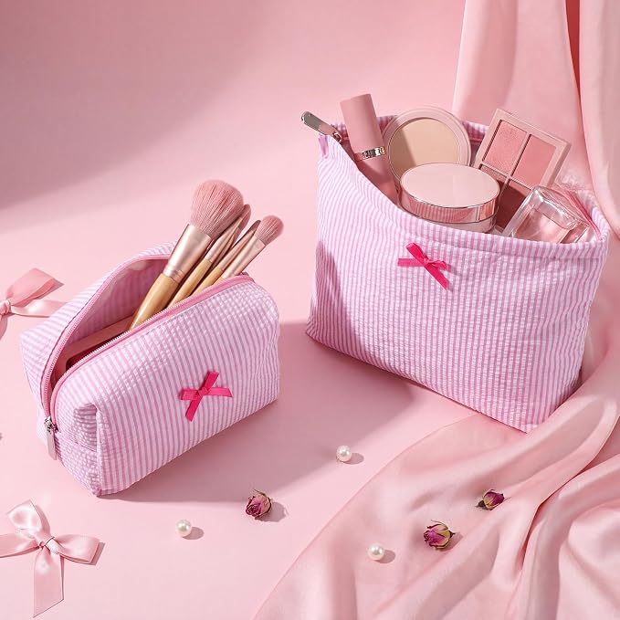 Huhumy 2 Pcs Bow Tie Makeup Bag Set, Stripe Cosmetic Pouch for Women, Seersucker Travel Toiletry Bag, Preppy Makeup Purse Pouch, Aesthetic Skincare Brushes Storage Organizer for Women Gifts(Pink)