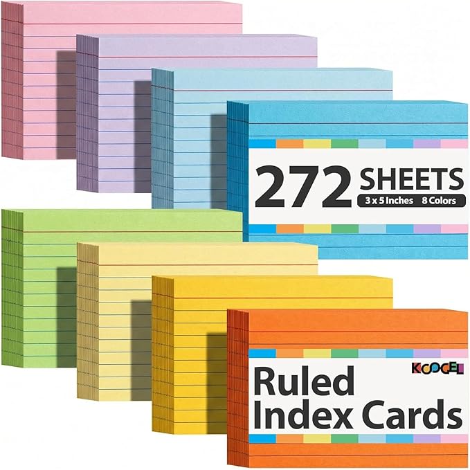 Koogel Index Cards 3x5, 272 Count, Colored Ruled Flash Cards for Studying, 34 Pack of 8, Heavy Weight Lined Notecard Portable Note Taking for Students Teachers School Office Home Supplies, 8 Colors