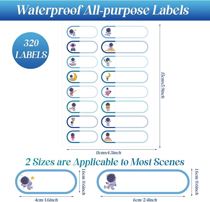 Waterproof Name Labels for Kids Daycare 320 Pcs, Astronaut | Self Adhesive Baby Water Bottle Stickers for School Supplies, Self Laminating, School Name Stickers for Lunch Boxes