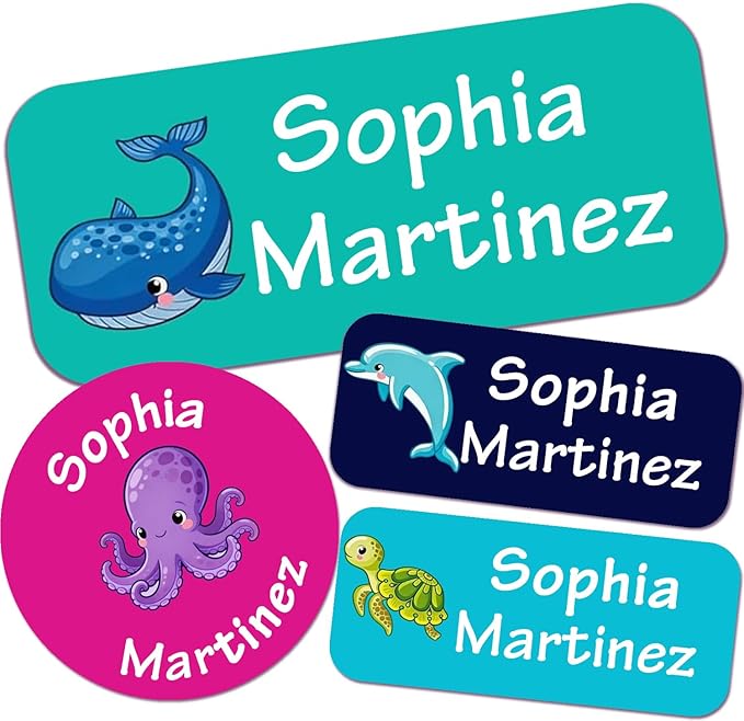Waterproof Custom Name Stickers (135 Labels) - Personalized Daycare Labels for Clothing, Water Bottles, Lunch Boxes & School Supplies - Ideal for Camp & Daycare - No-Iron (Whale)