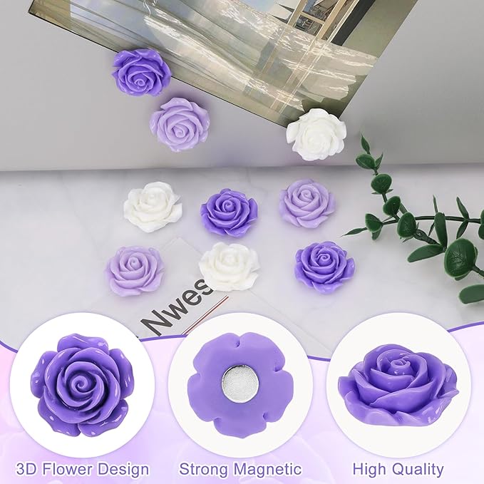 20 Pcs Rose Fridge Magnets, 1.1 Inch Cute Flower Fridge Magnets, 3D Colorful Refrigerator Decorative Magnet for Whiteboard Locker Cabinet (Purple-3 Colors-Rose)