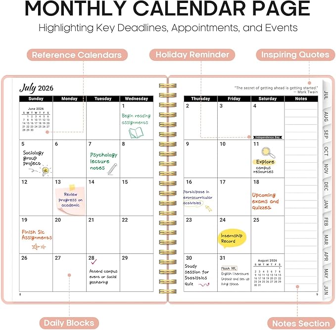 Planner 2026-2027, 6.3" x 8.5" Weekly and Monthly Academic Year Planner Calendar, July 2026 - June 2027, Hardcover Large School Planning Agenda With Tabs, Perfect for School & Office Supplies, A5, Pink
