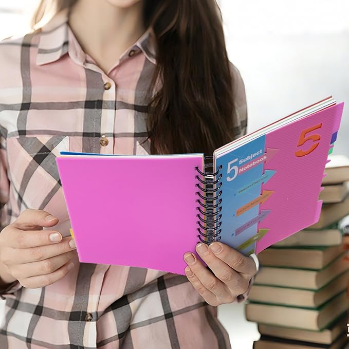 CAGIE 5 Subject Notebook College Ruled, Small Spiral Notebook 5x7 with Divider Tabs, A5 Spiral Notebooks for Women, 240 Pages Spiral Note book for School Note Taking, Pink
