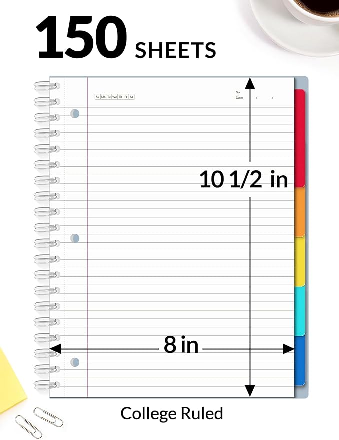 SUNEE Spiral Notebooks for Work with Removable Dividers & Tabs – College Ruled 5 Subject, 300 Pages, 3 Hole Punched, Durable PP Cover, 8"x10.5" – Notebooks for Office or School, Grey Blue