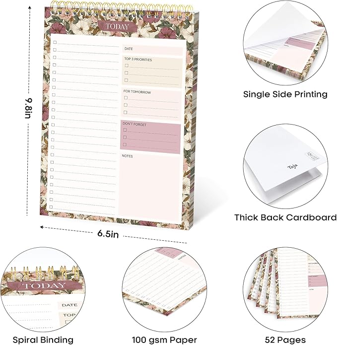 Taja To Do List Notepad - To Do List Notebook for Work with 52 Sheets, 9.8" x 6.5", Undated Daily Planner Perfect for Daily Tasks and Goal Setting, Notepad Suitable for Office, Home & School - Mauve Muse